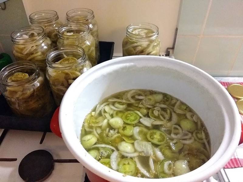 A levet felforraljuk, és a hagymás-paradicsomot részletekben beledobjuk. Egyet forraljuk, szűrőkanállal kiszedjük, és forrón üvegekbe rakjuk, majd a megmaradt forró ecetes léből öntünk rá.