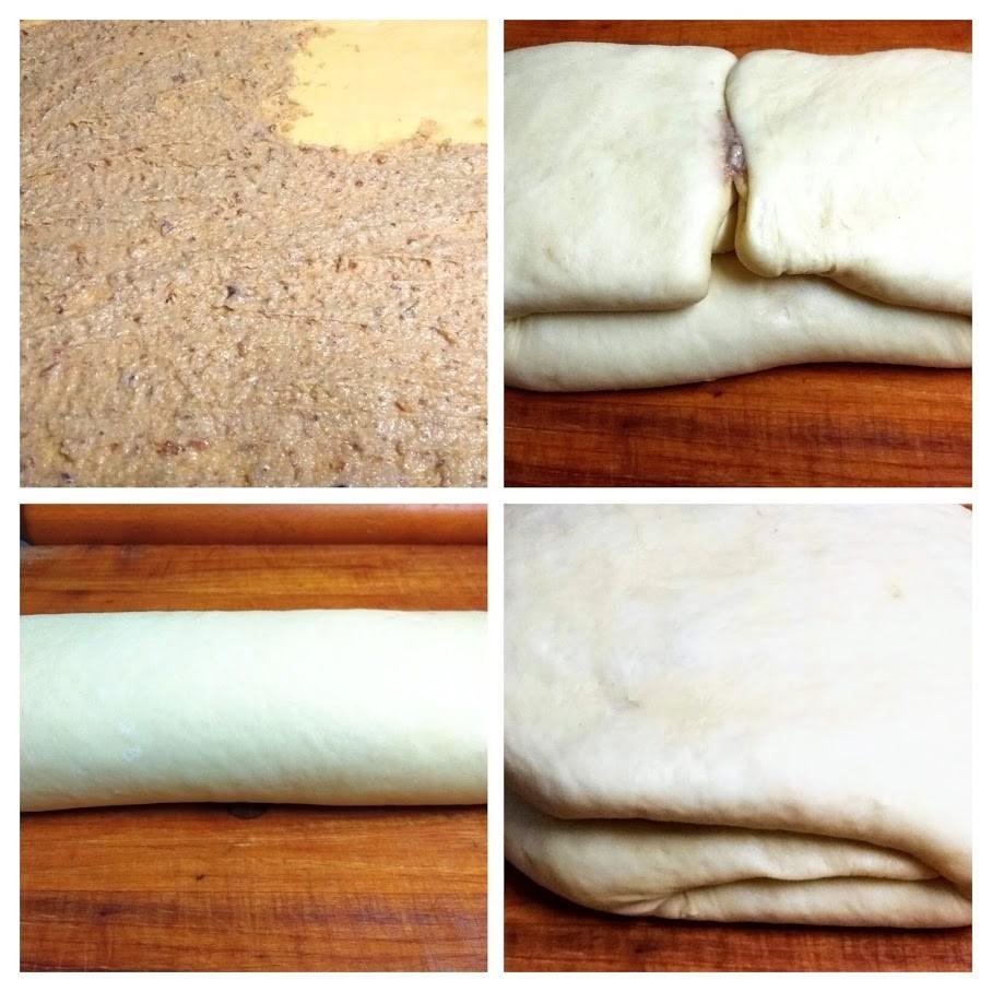 Keverőtálba öntöm a szitált lisztet. és összekeverem a sóval.
Hozzáadom a felfutott élesztőt, 2 egész tojást, a tejfölt, és a puha zsírt. Simára dolgozom, és letakarva 10 percig pihentetem.