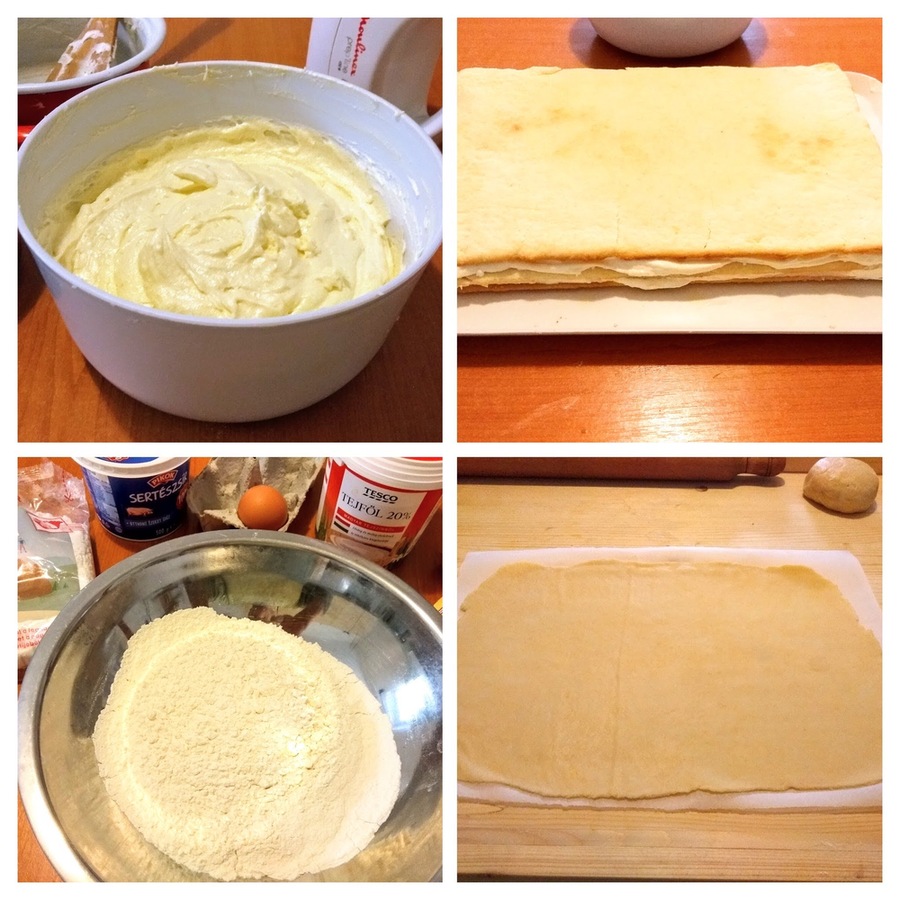 A tészta hozzávalóit előkészítjük, majd kimérjük. A tésztához elmorzsoljuk a lisztet a zsírral, hozzákeverjük a sütőport, a porcukrot és a reszelt citromhéjat. Egy egész tojást és annyi tejfölt adunk hozzá, hogy könnyen nyújtható tészta legyen.
Elosztjuk három egyenlő részre, és lisztezett sütőpapíron (így könnyebb) kb. 35 x 25 cm-es lapokká nyújtjuk.